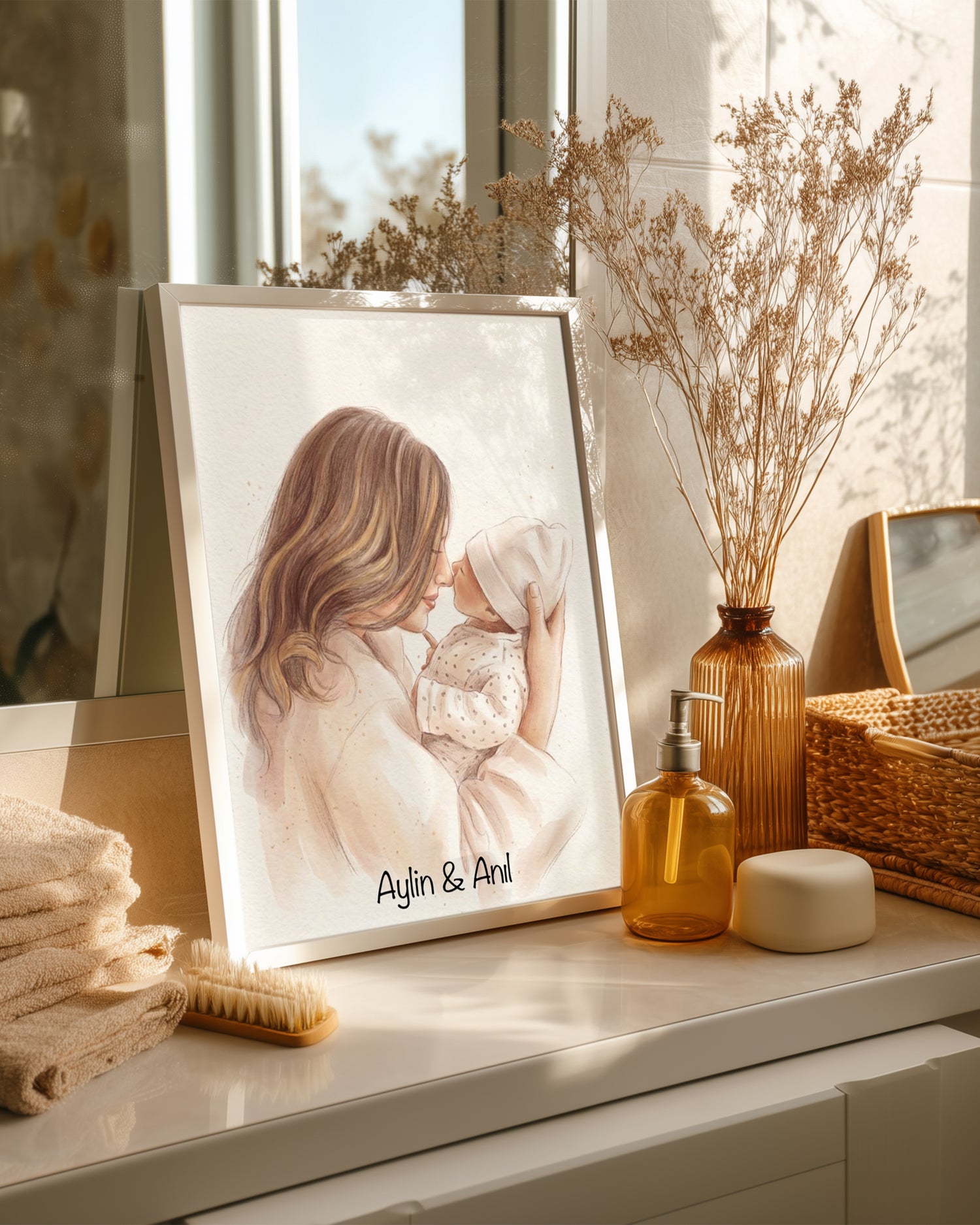 Kişiye Özel İsimli Anne Bebek Suluboya Çizim Poster Tablosu Poster Tablosu