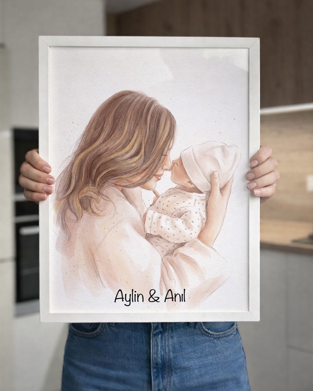 Kişiye Özel İsimli Anne Bebek Suluboya Çizim Poster Tablosu Poster Tablosu