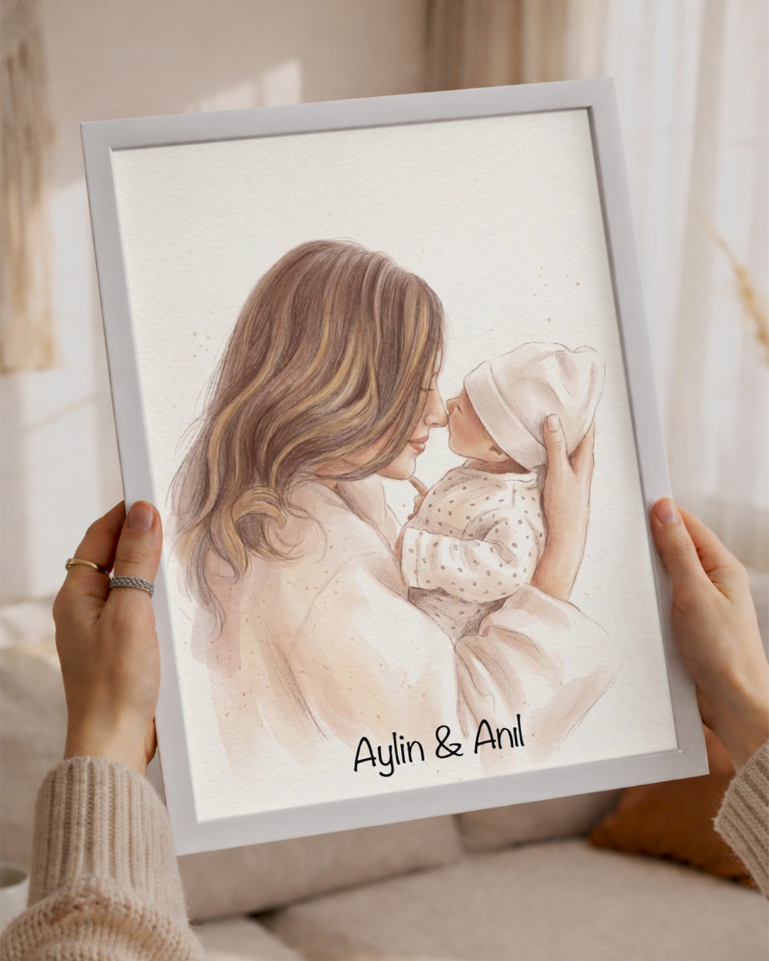 Kişiye Özel İsimli Anne Bebek Suluboya Çizim Poster Tablosu Poster Tablosu