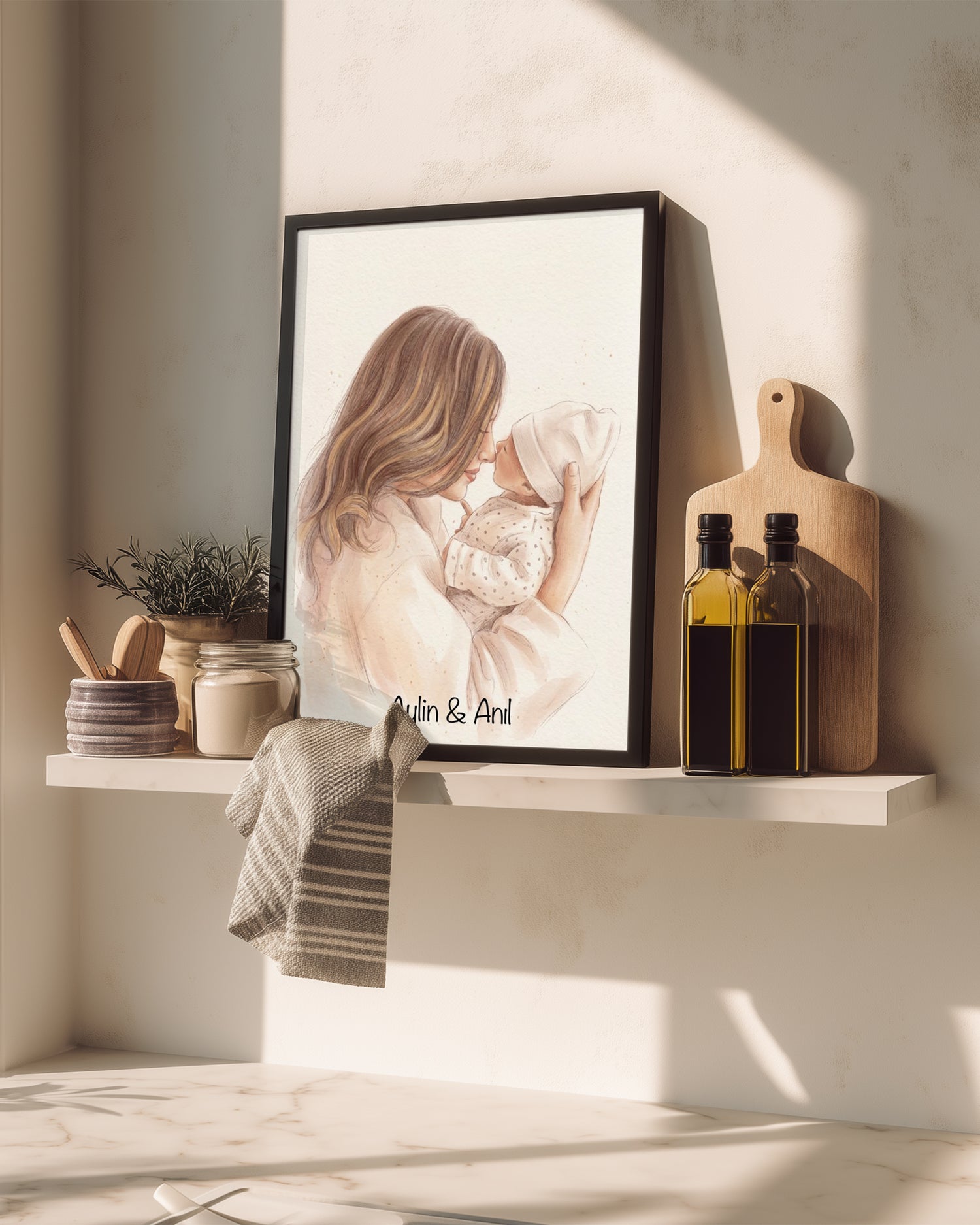 Kişiye Özel İsimli Anne Bebek Suluboya Çizim Poster Tablosu Poster Tablosu