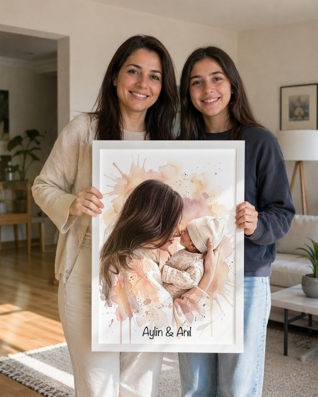 Kişiye Özel İsimli Anne Bebek Suluboya Sanat Poster Tablosu Poster Tablosu