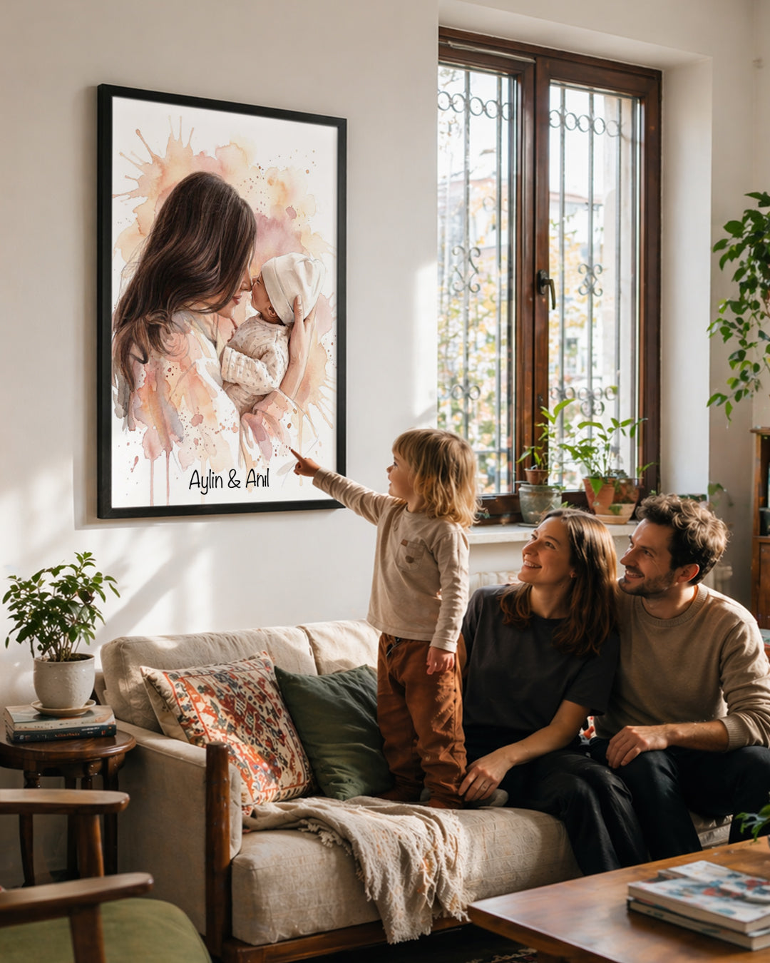 Kişiye Özel İsimli Anne Bebek Suluboya Sanat Poster Tablosu Poster Tablosu