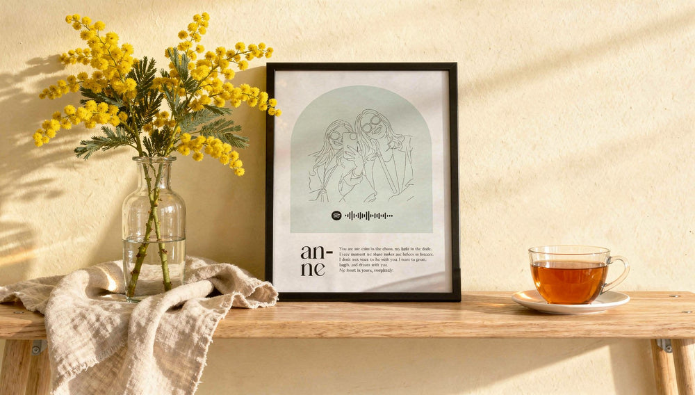 Mimoza çiçekleri yanında rafta duran line art çizim poster tablosu