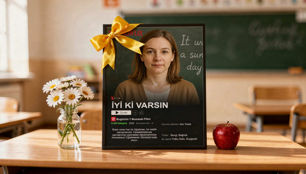 Öğretmen masasında kurdeleli, öğretmene özel Netflix poster tablosu