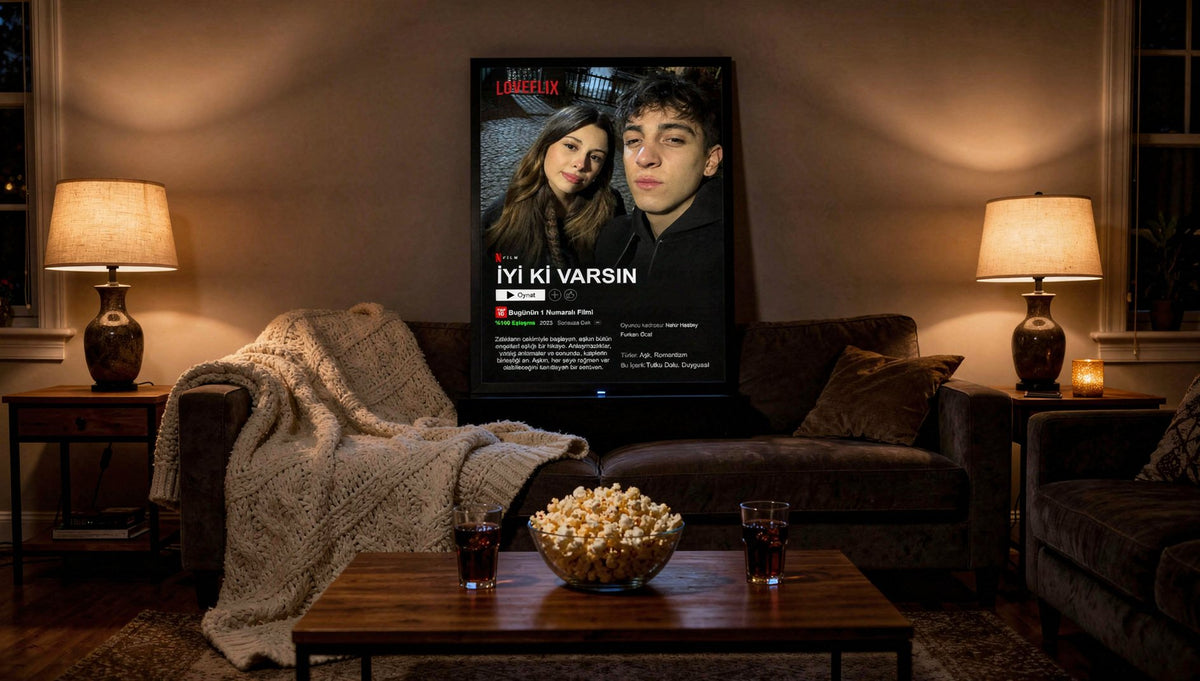 Film gecesi hazırlanmış salonda konsol üzerinde Netflix poster tablosu