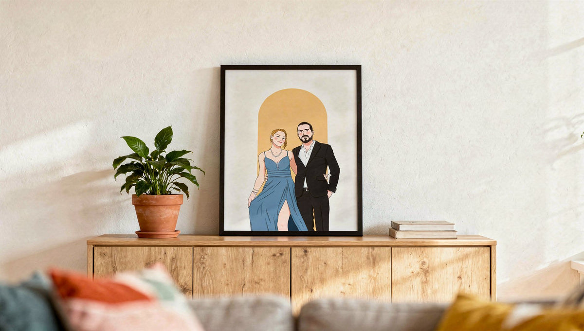 Salonda konsol üzerinde çift karikatür poster tablosu