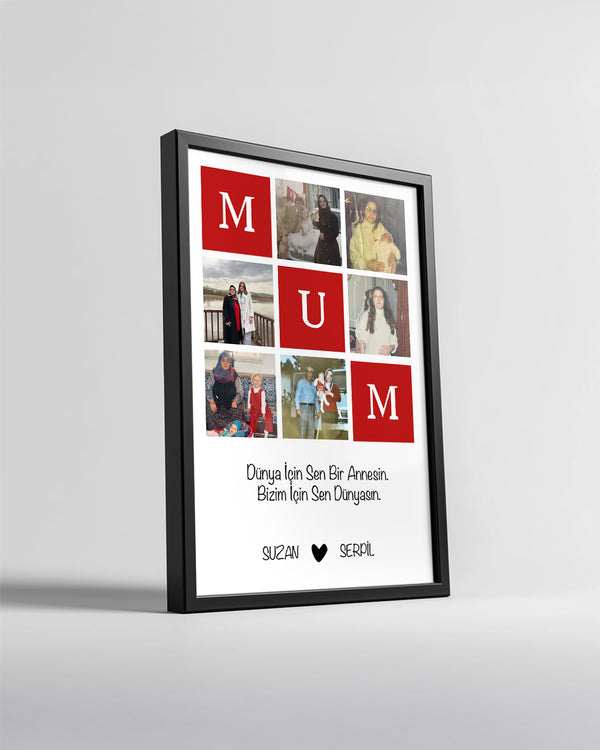 6 Fotoğraflı MUM Yazılı Kırmızı Kolaj Poster Tablosu Poster Tablosu