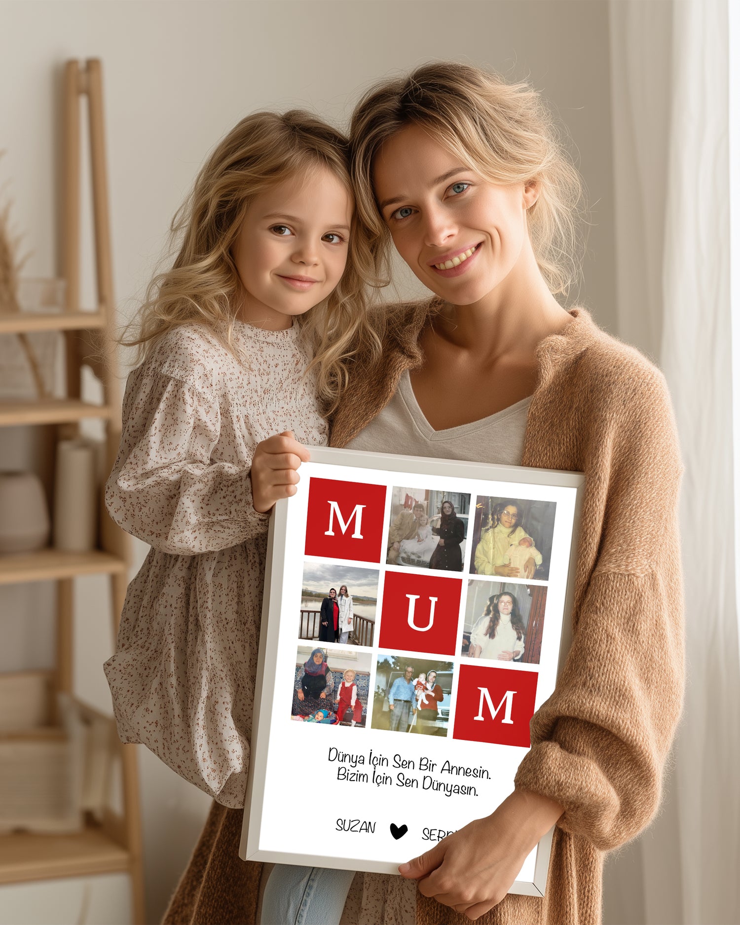 6 Fotoğraflı MUM Yazılı Kırmızı Kolaj Poster Tablosu Poster Tablosu