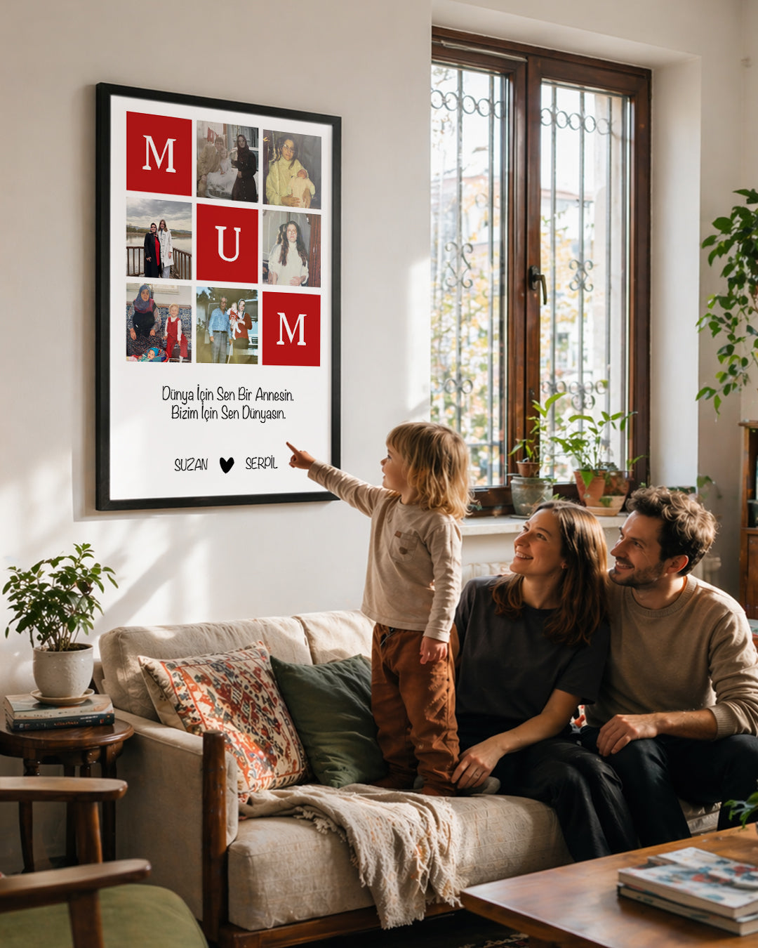 6 Fotoğraflı MUM Yazılı Kırmızı Kolaj Poster Tablosu Poster Tablosu