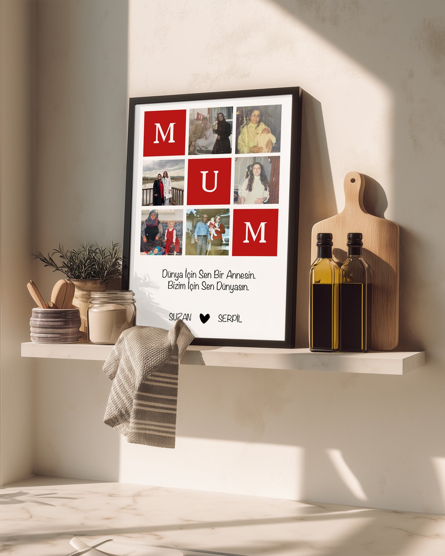 6 Fotoğraflı MUM Yazılı Kırmızı Kolaj Poster Tablosu Poster Tablosu