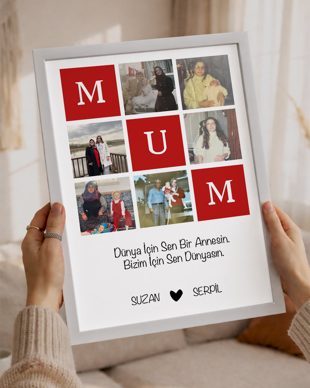 6 Fotoğraflı MUM Yazılı Kırmızı Kolaj Poster Tablosu Poster Tablosu