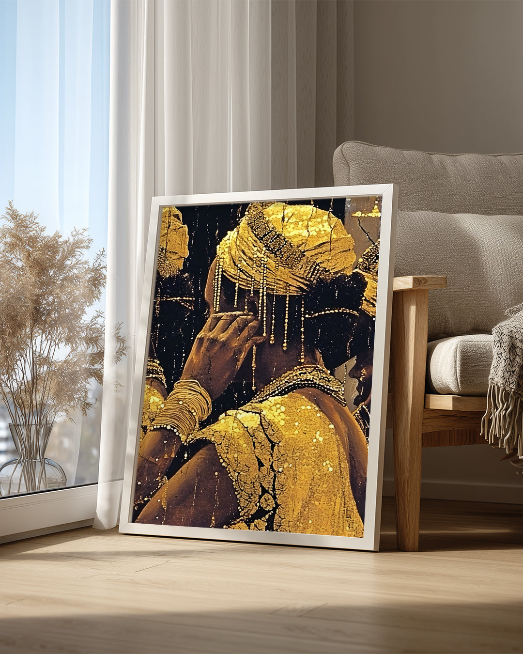 Altın Renkli Kadın Figürleri - Geleneksel Giysilerde Sanatsal İfade Poster Tablosu
