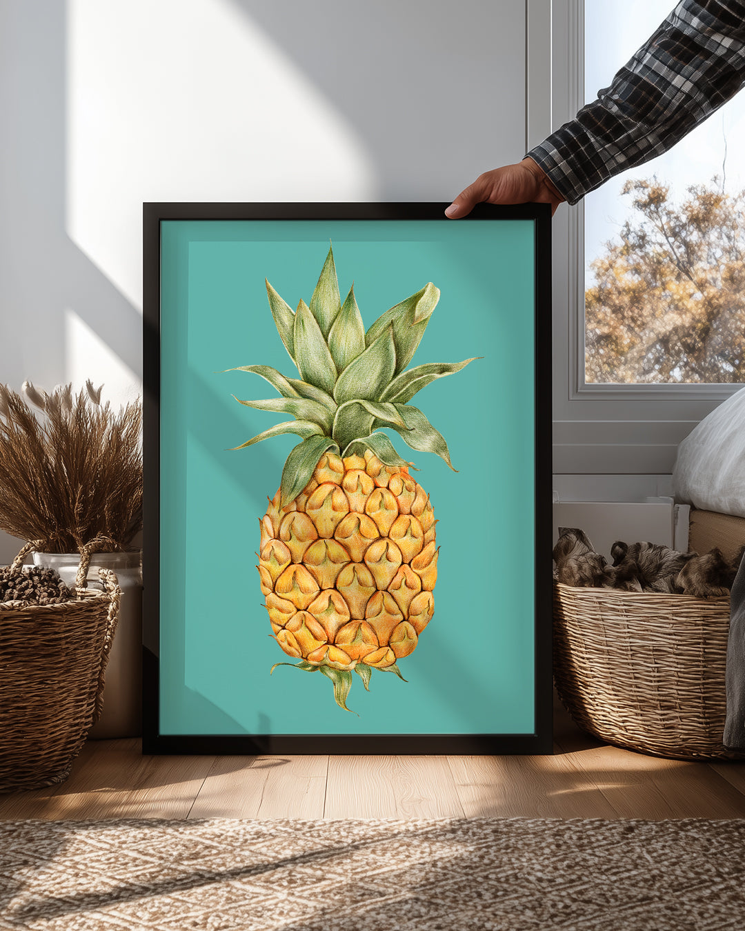 Ananas Eskizi - Turkuaz Zeminli Çizim Poster Tablosu