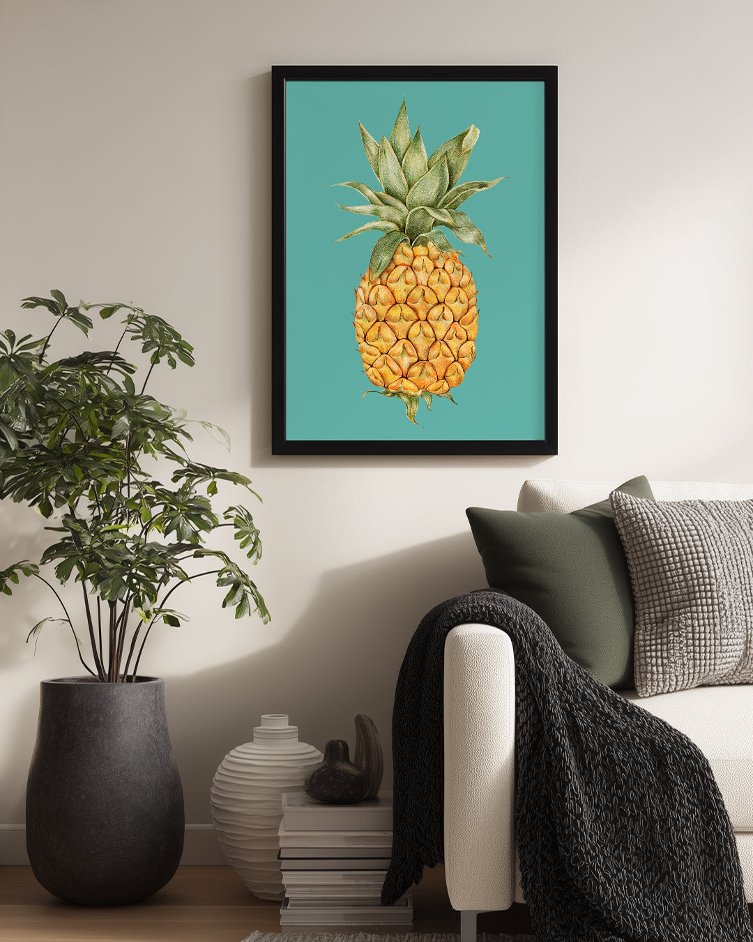Ananas Eskizi - Turkuaz Zeminli Çizim Poster Tablosu