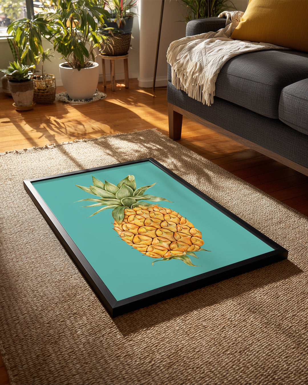 Ananas Eskizi - Turkuaz Zeminli Çizim Poster Tablosu