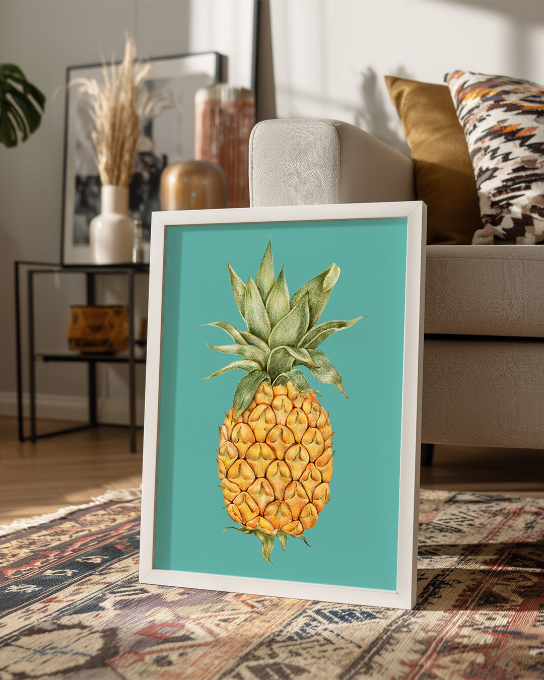 Ananas Eskizi - Turkuaz Zeminli Çizim Poster Tablosu