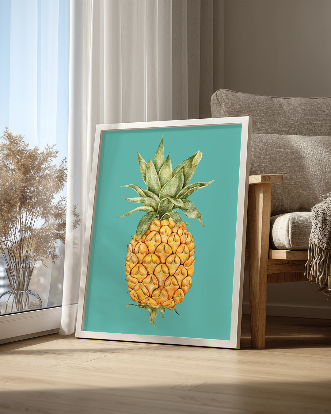 Ananas Eskizi - Turkuaz Zeminli Çizim Poster Tablosu