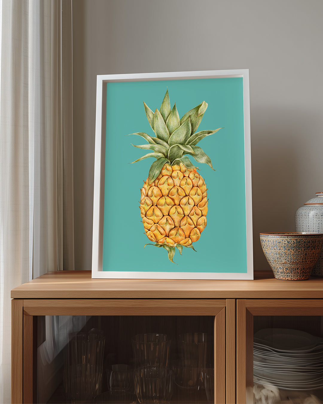 Ananas Eskizi - Turkuaz Zeminli Çizim Poster Tablosu