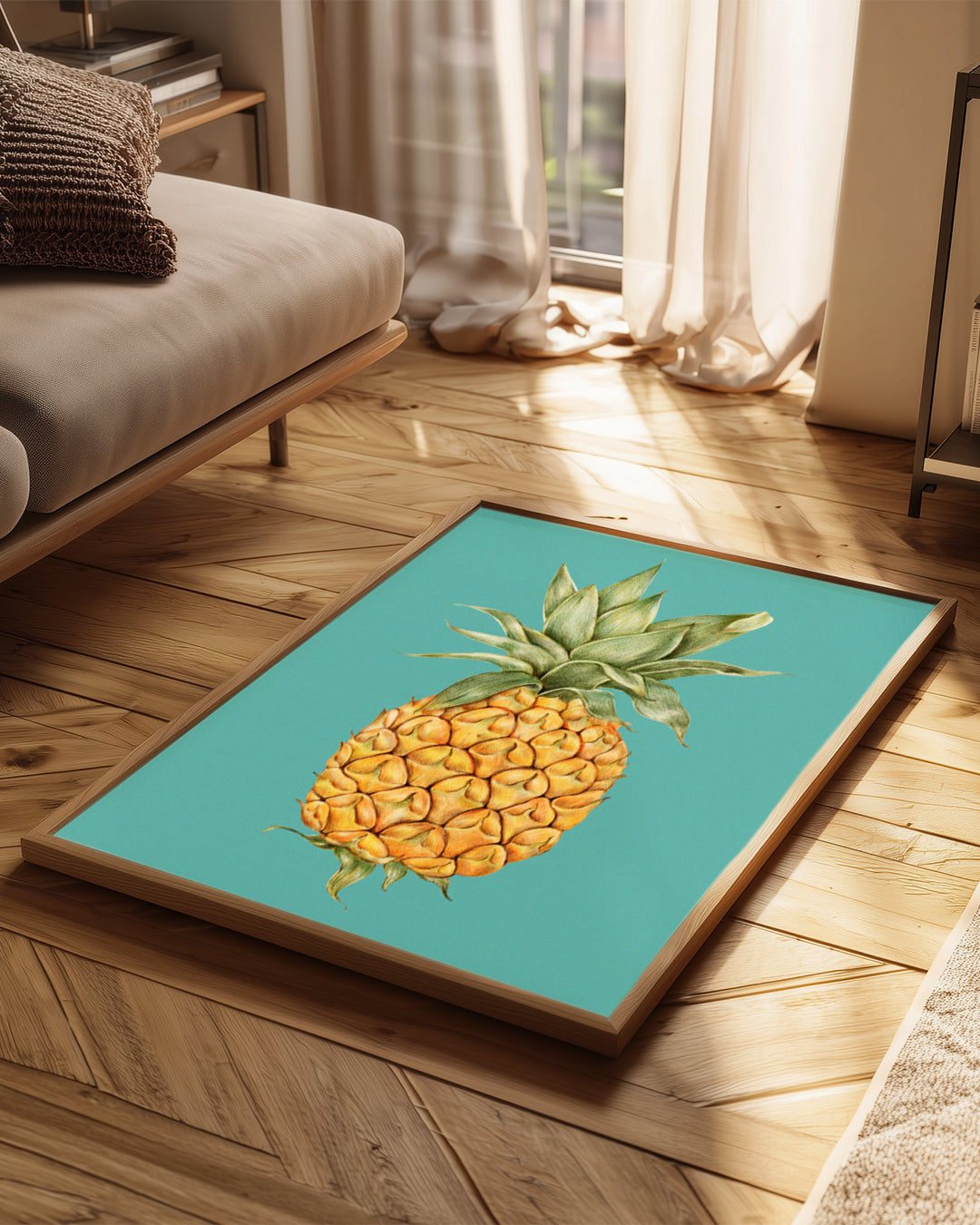 Ananas Eskizi - Turkuaz Zeminli Çizim Poster Tablosu