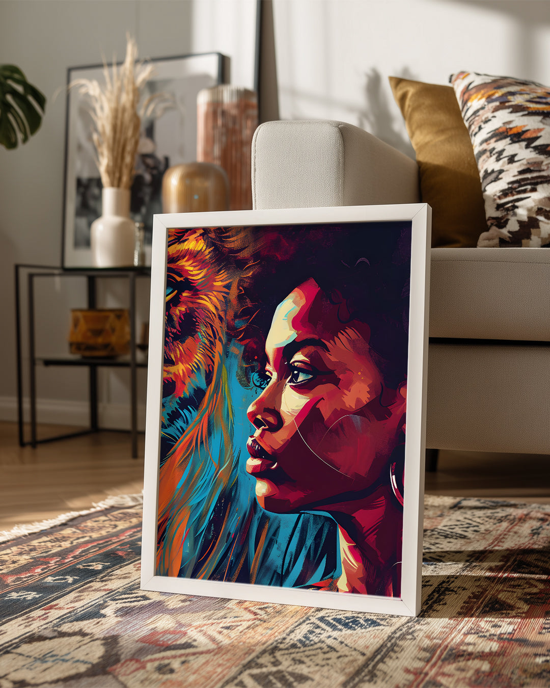 Aslan ve Kadın Portresi - Afrika Sanatı Poster Tablosu