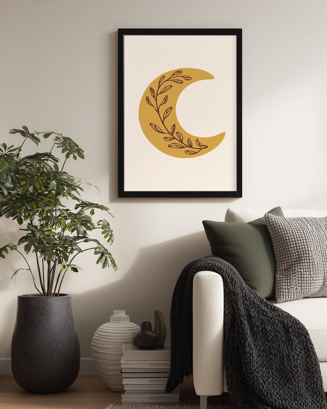 Ay Motifi - Yapraklarla Süslenmiş Bir Tasarım Poster Tablosu