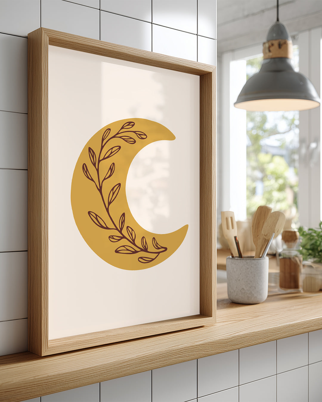 Ay Motifi - Yapraklarla Süslenmiş Bir Tasarım Poster Tablosu