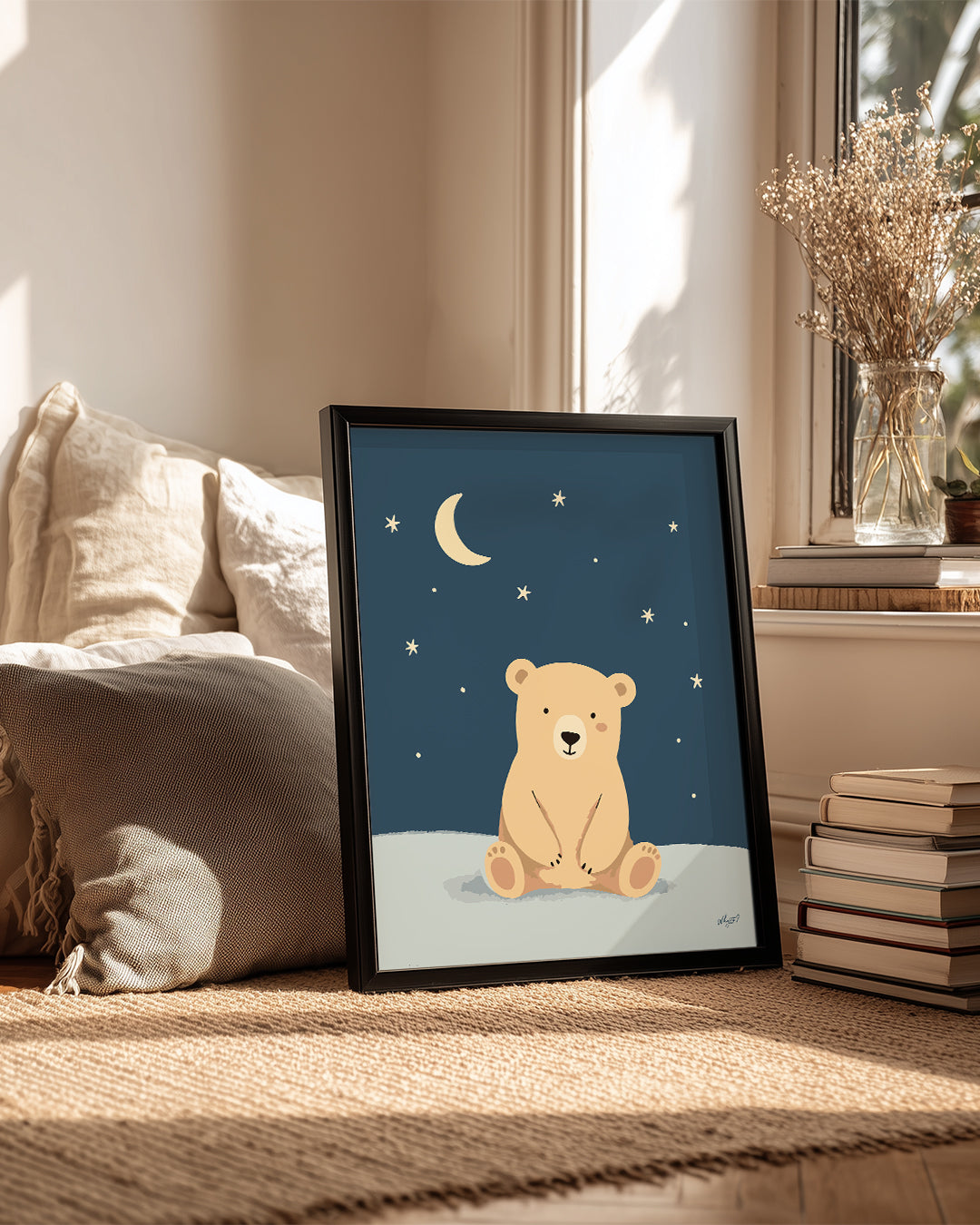 Ayı Gece Manzarası - Yıldızlarla Dolu Huzurlu Ortam Poster Tablosu