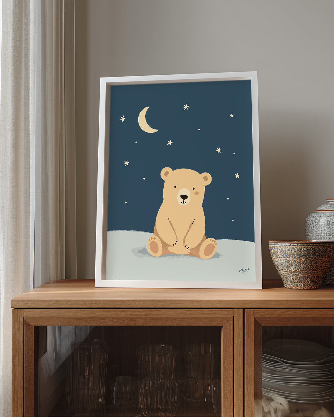 Ayı Gece Manzarası - Yıldızlarla Dolu Huzurlu Ortam Poster Tablosu