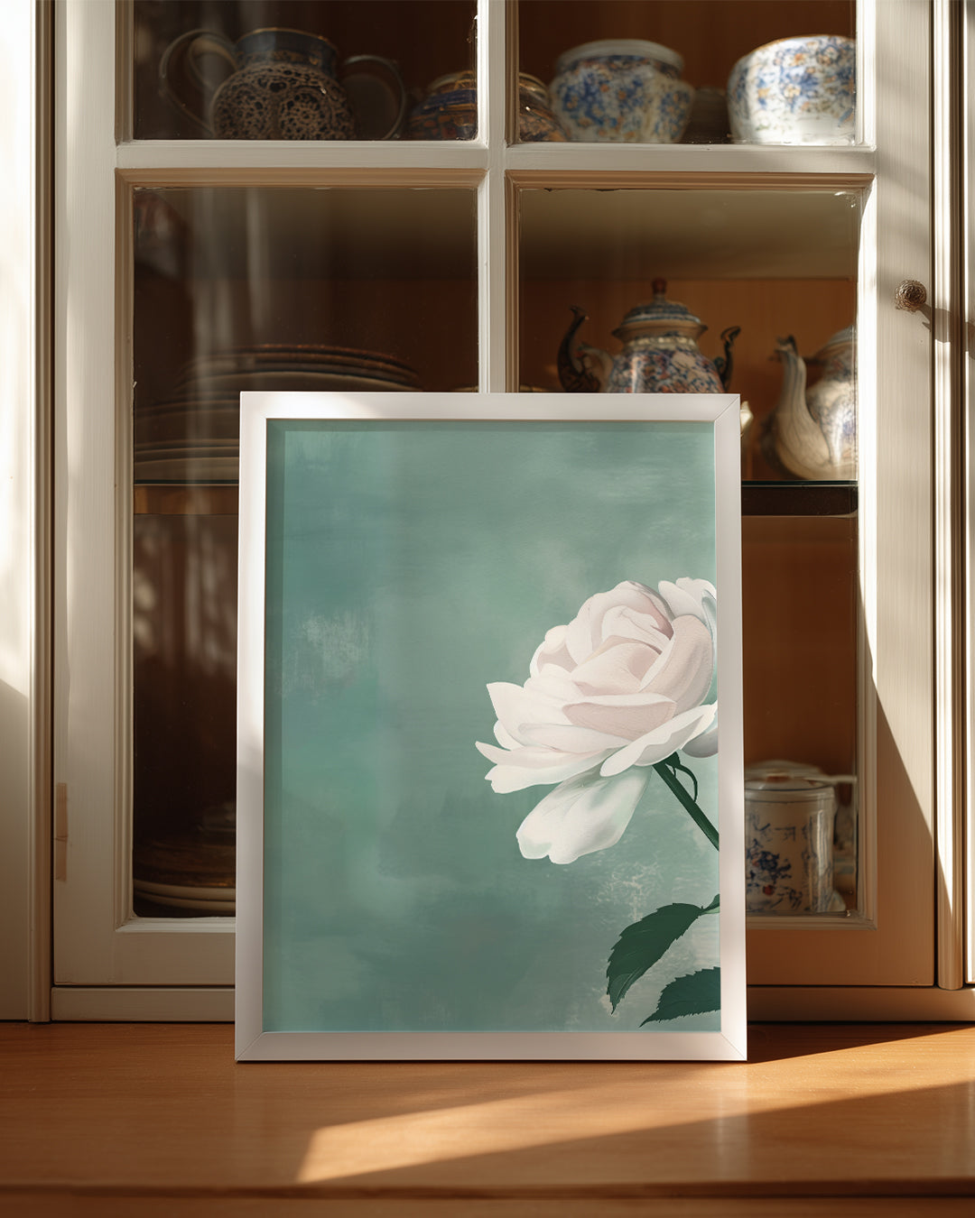 Beyaz Gül - Pastel Yeşil Fon Poster Tablosu