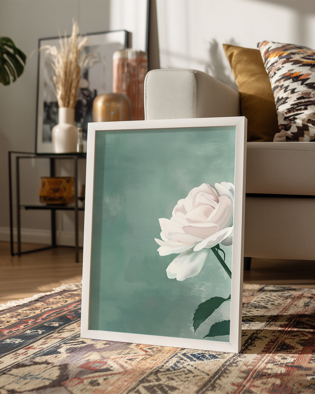 Beyaz Gül - Pastel Yeşil Fon Poster Tablosu