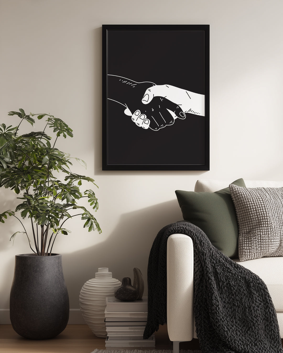Birlikte El Ele - Siyah Beyaz Çizim Poster Tablosu