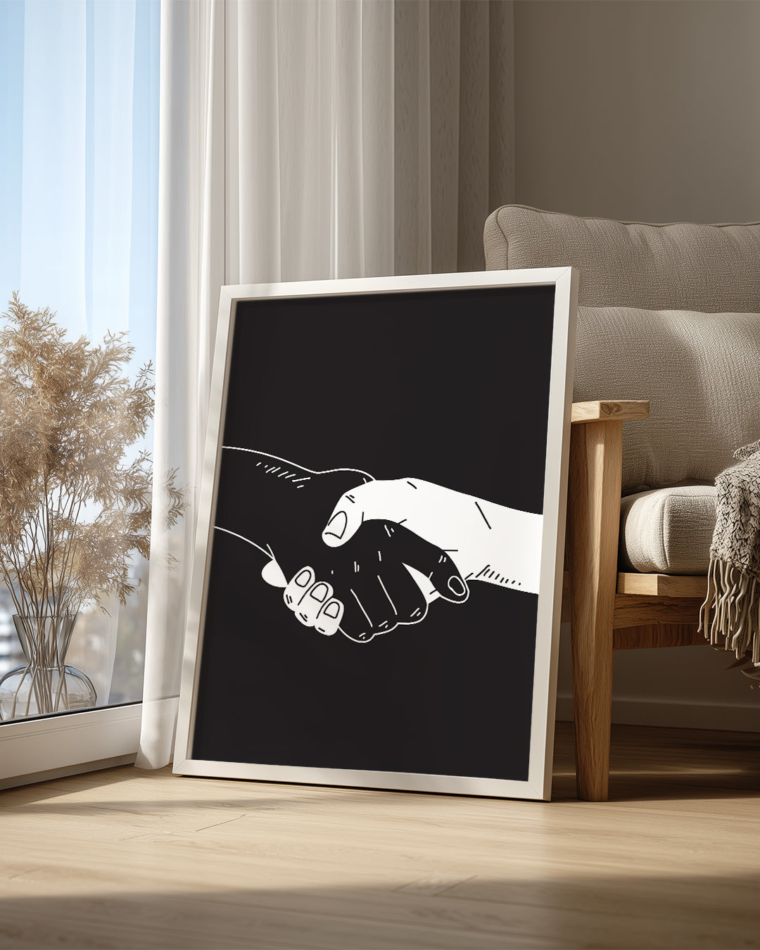 Birlikte El Ele - Siyah Beyaz Çizim Poster Tablosu