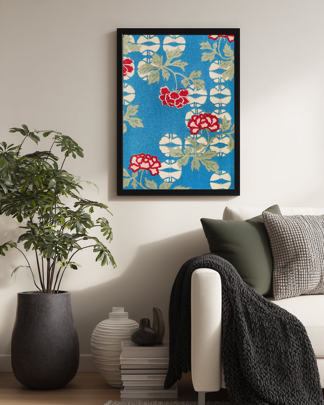Çiçekli Mavi - Kırmızı Beyaz Desen Poster Tablosu