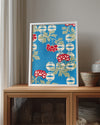 Çiçekli Mavi - Kırmızı Beyaz Desen Poster Tablosu
