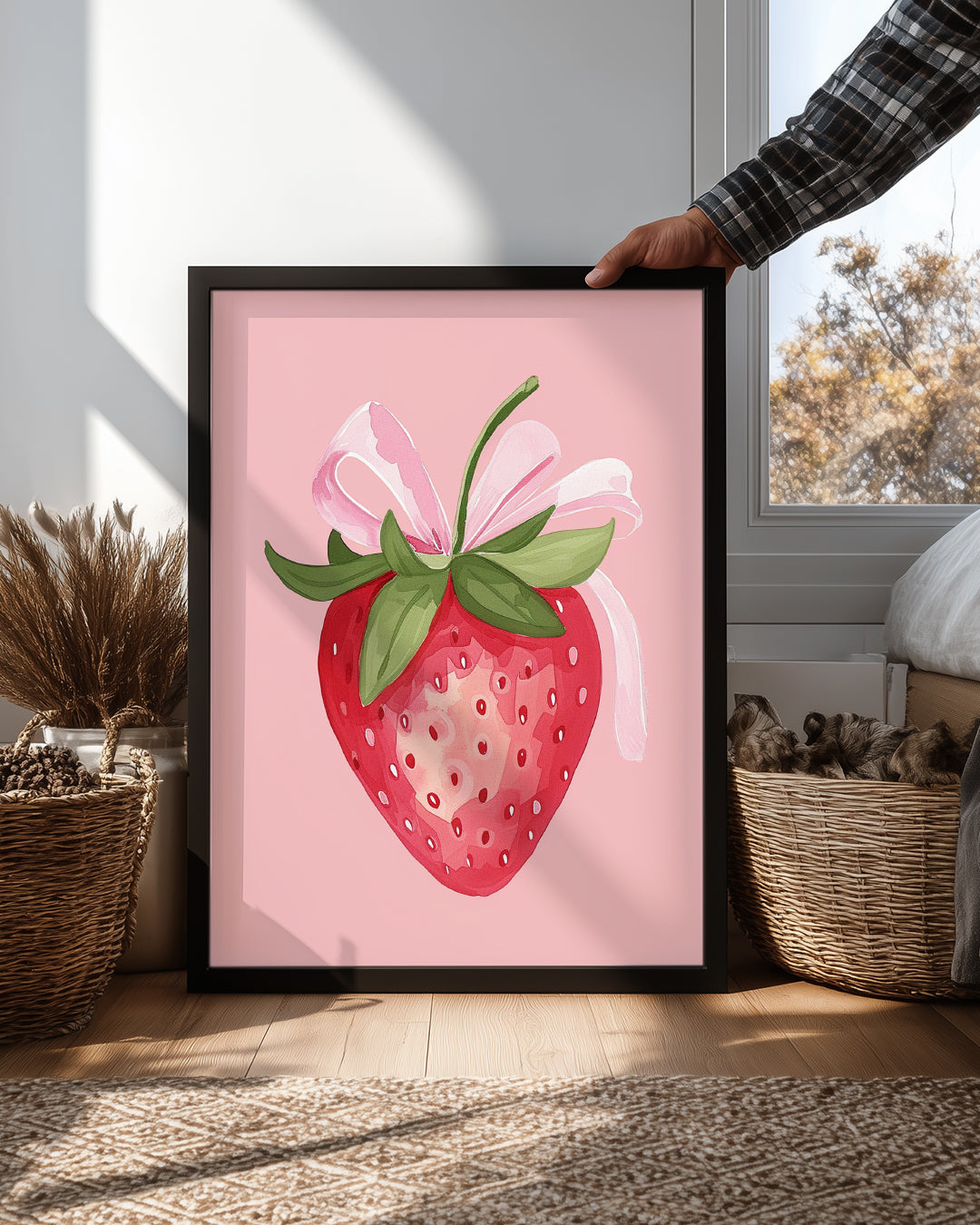 Çilek Kurdele - Pembe Arka Planlı Poster Tablosu