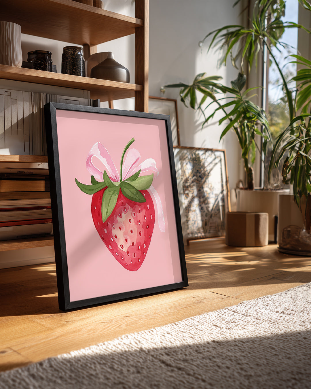 Çilek Kurdele - Pembe Arka Planlı Poster Tablosu