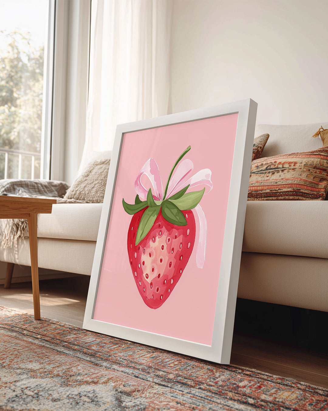 Çilek Kurdele - Pembe Arka Planlı Poster Tablosu
