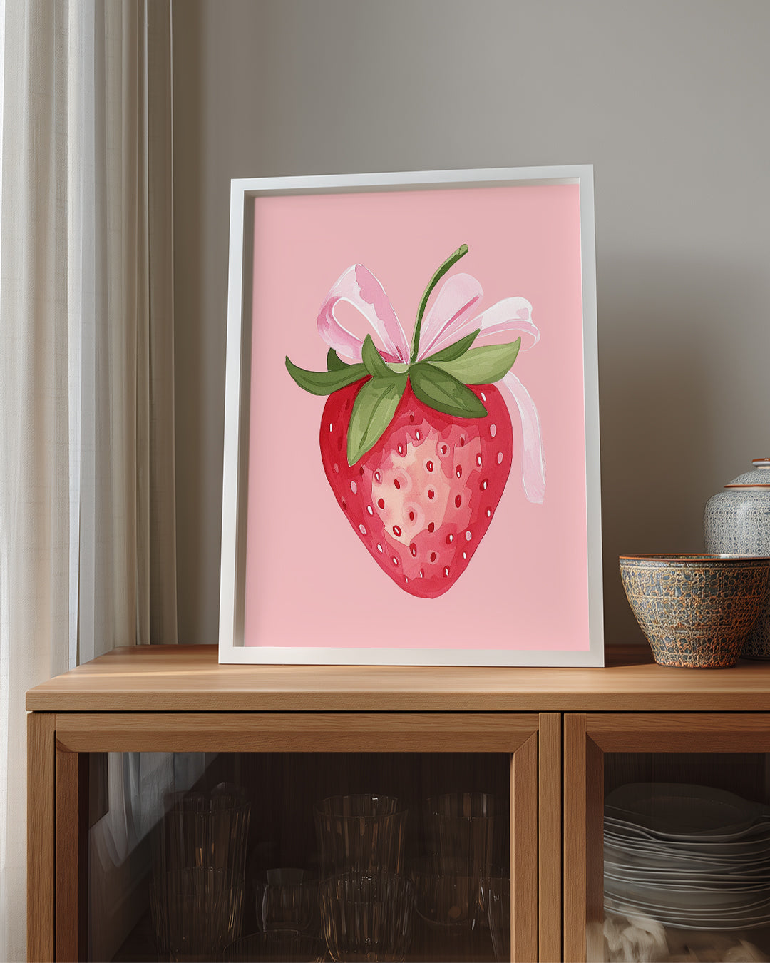Çilek Kurdele - Pembe Arka Planlı Poster Tablosu