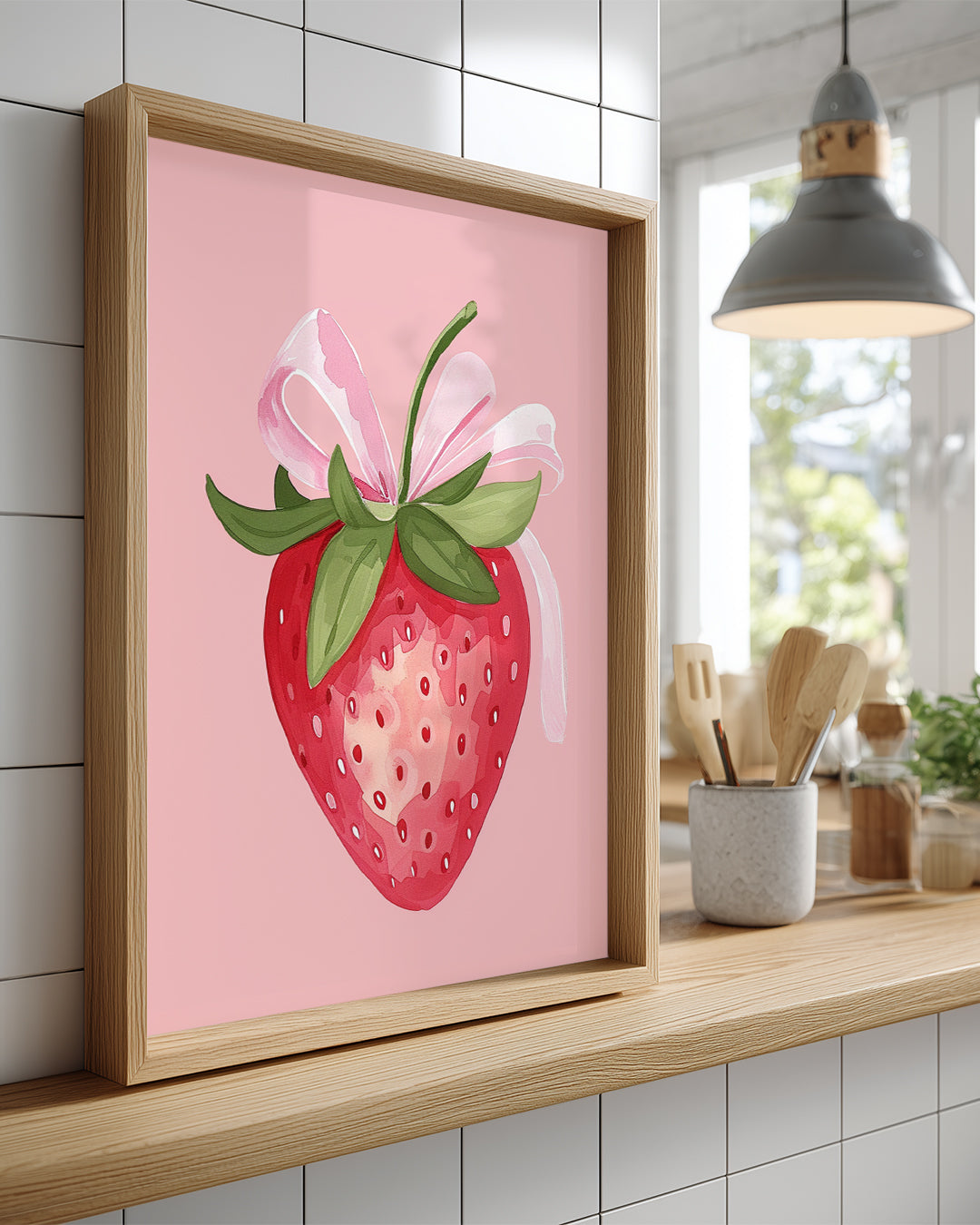Çilek Kurdele - Pembe Arka Planlı Poster Tablosu