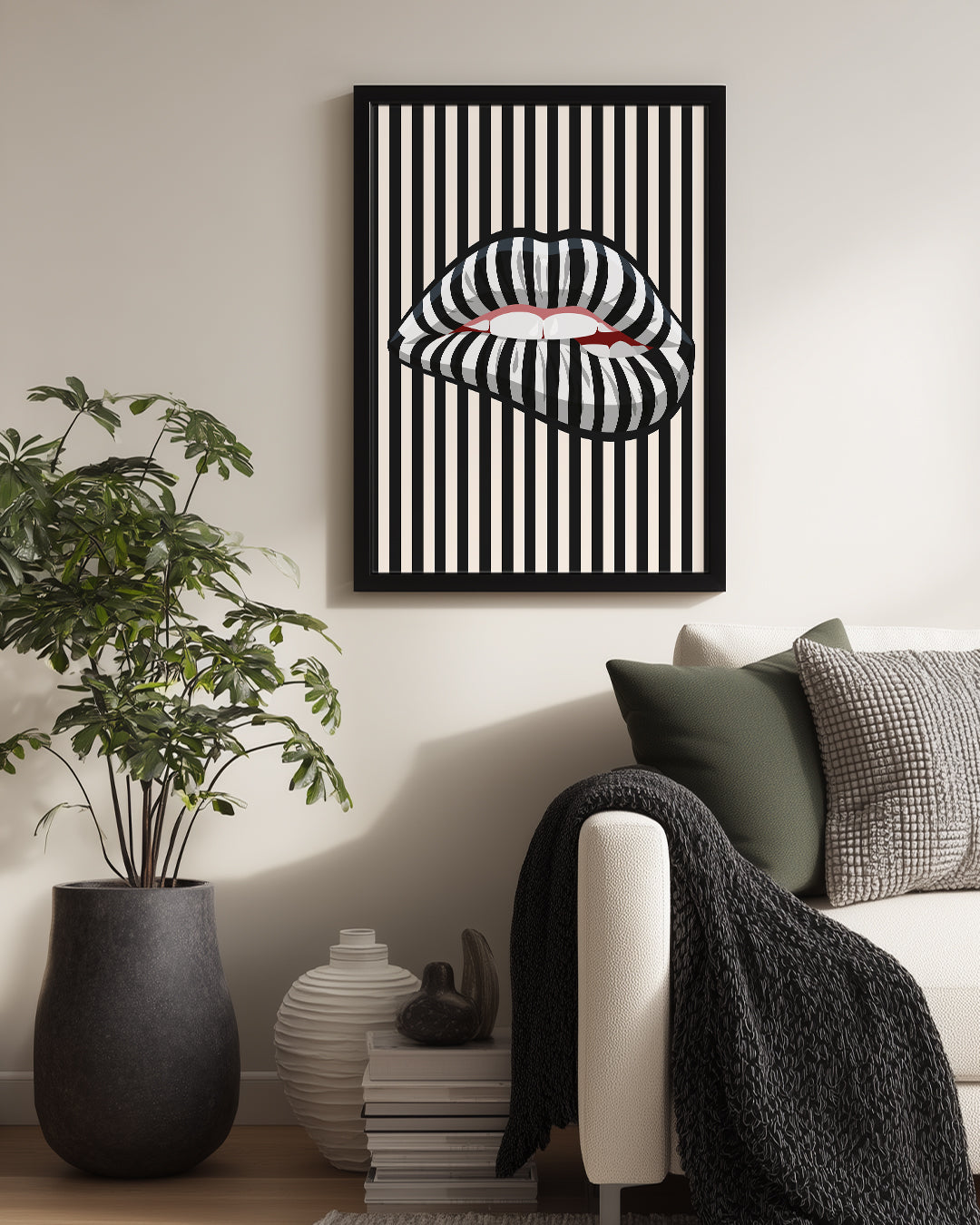 Çizgili Dudaklar - Siyah Beyaz Desen Poster Tablosu