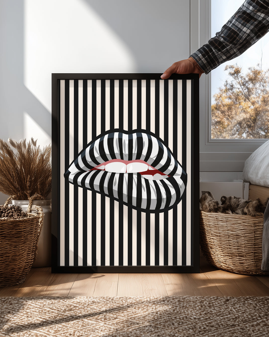 Çizgili Dudaklar - Siyah Beyaz Desen Poster Tablosu