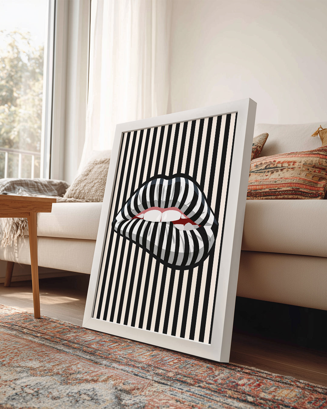 Çizgili Dudaklar - Siyah Beyaz Desen Poster Tablosu