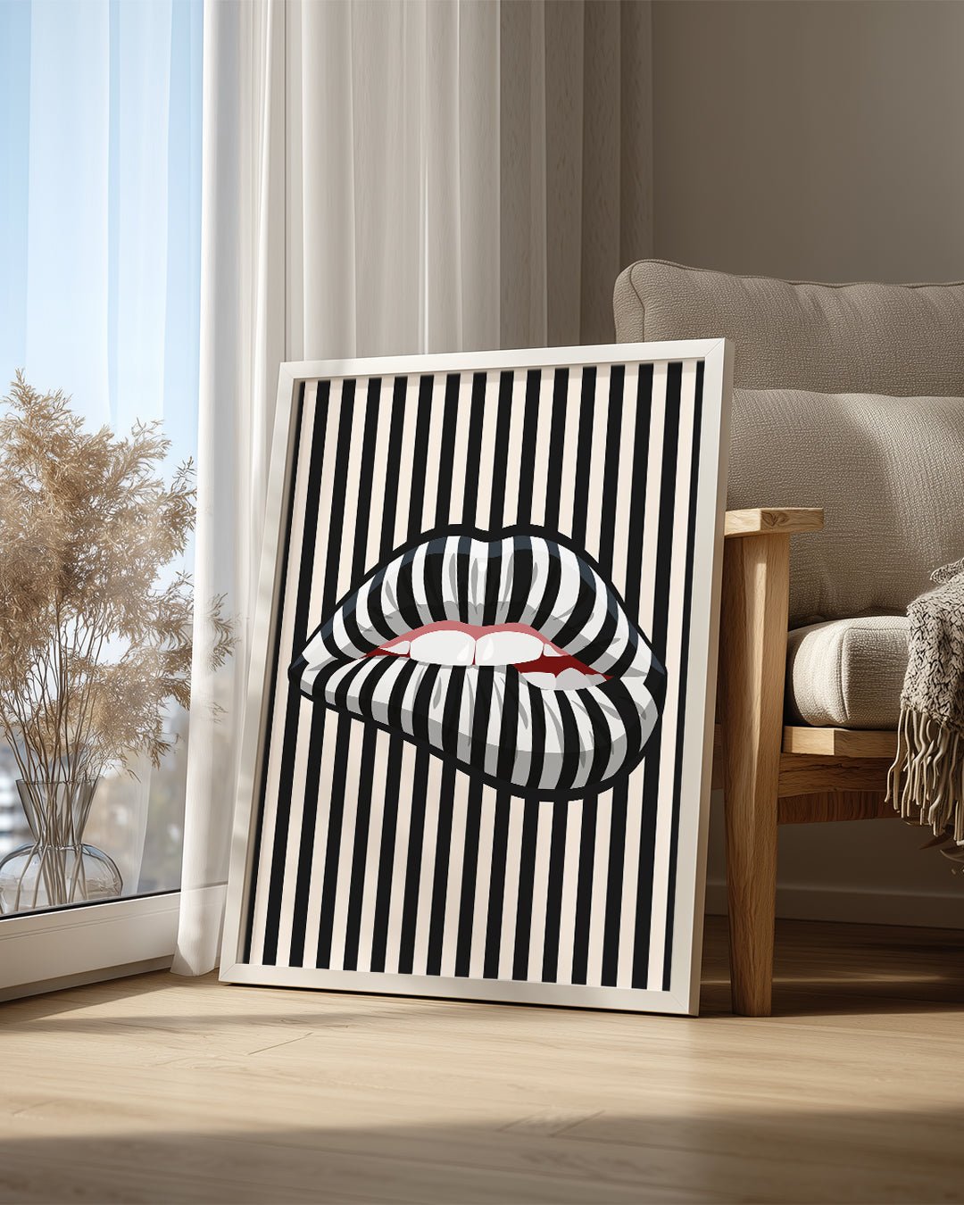 Çizgili Dudaklar - Siyah Beyaz Desen Poster Tablosu
