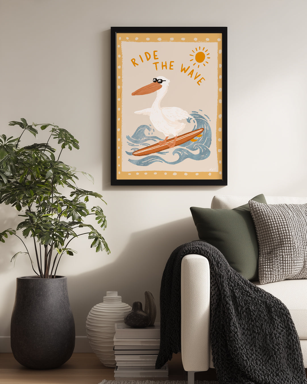 Dalga Üzerinde Sörf Yapan Pelikan - Eğlenceli Yaz Teması Poster Tablosu