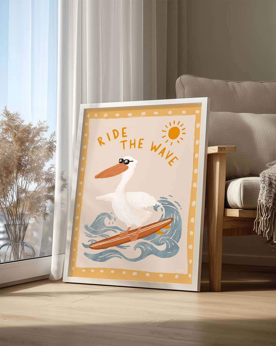 Dalga Üzerinde Sörf Yapan Pelikan - Eğlenceli Yaz Teması Poster Tablosu