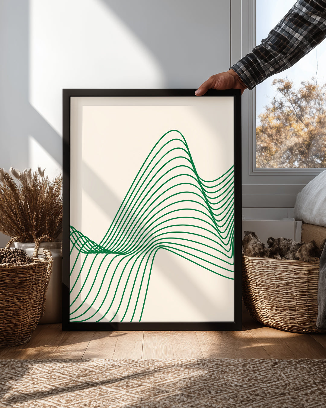 Dalgalı Hatlar - Yeşil Çizgisel Desen Poster Tablosu