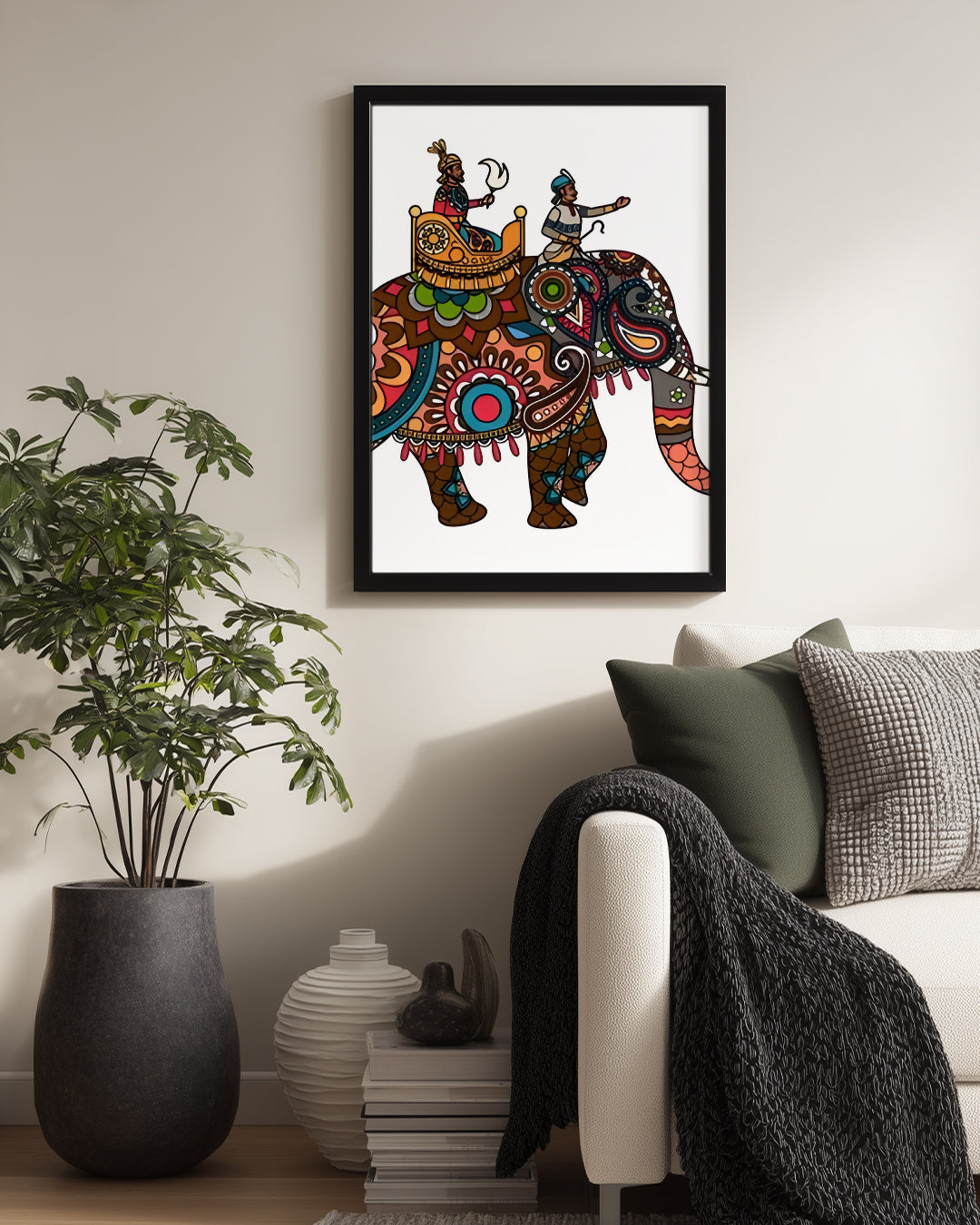 Folk Sanatı Fil - Renkli Desenlerle Süslenmiş Elemanlar Poster Tablosu