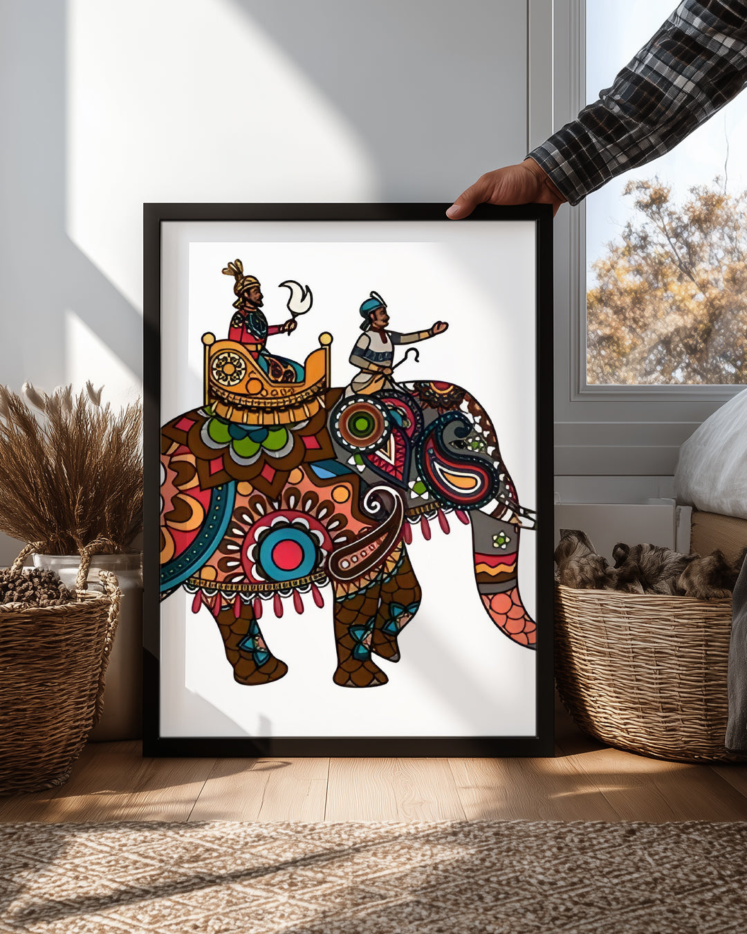 Folk Sanatı Fil - Renkli Desenlerle Süslenmiş Elemanlar Poster Tablosu
