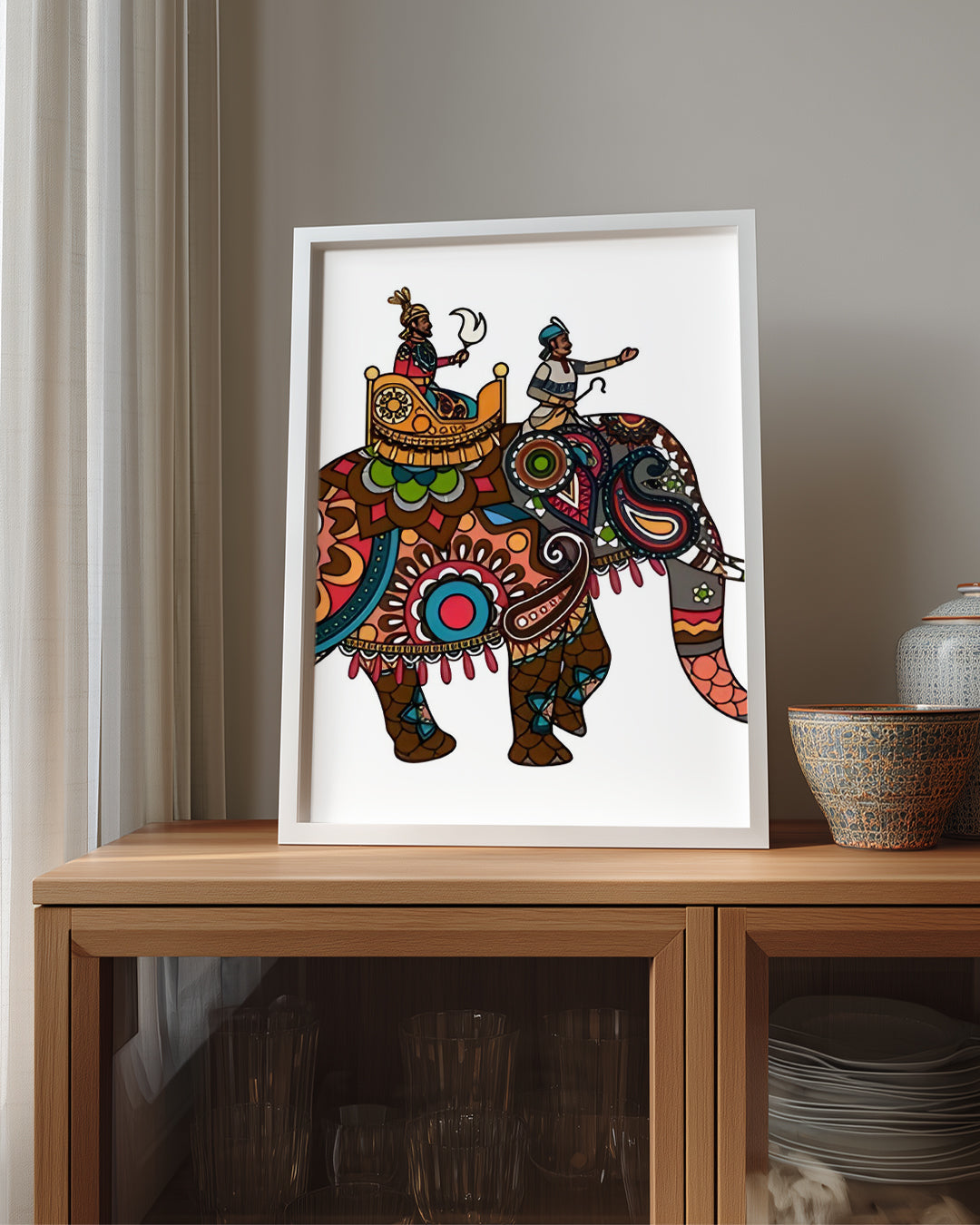 Folk Sanatı Fil - Renkli Desenlerle Süslenmiş Elemanlar Poster Tablosu