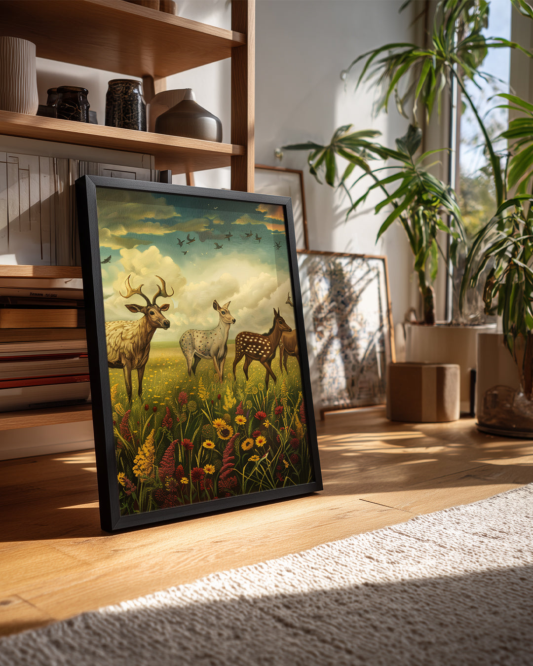 Geyik - Çiçekli Açık Alan Poster Tablosu